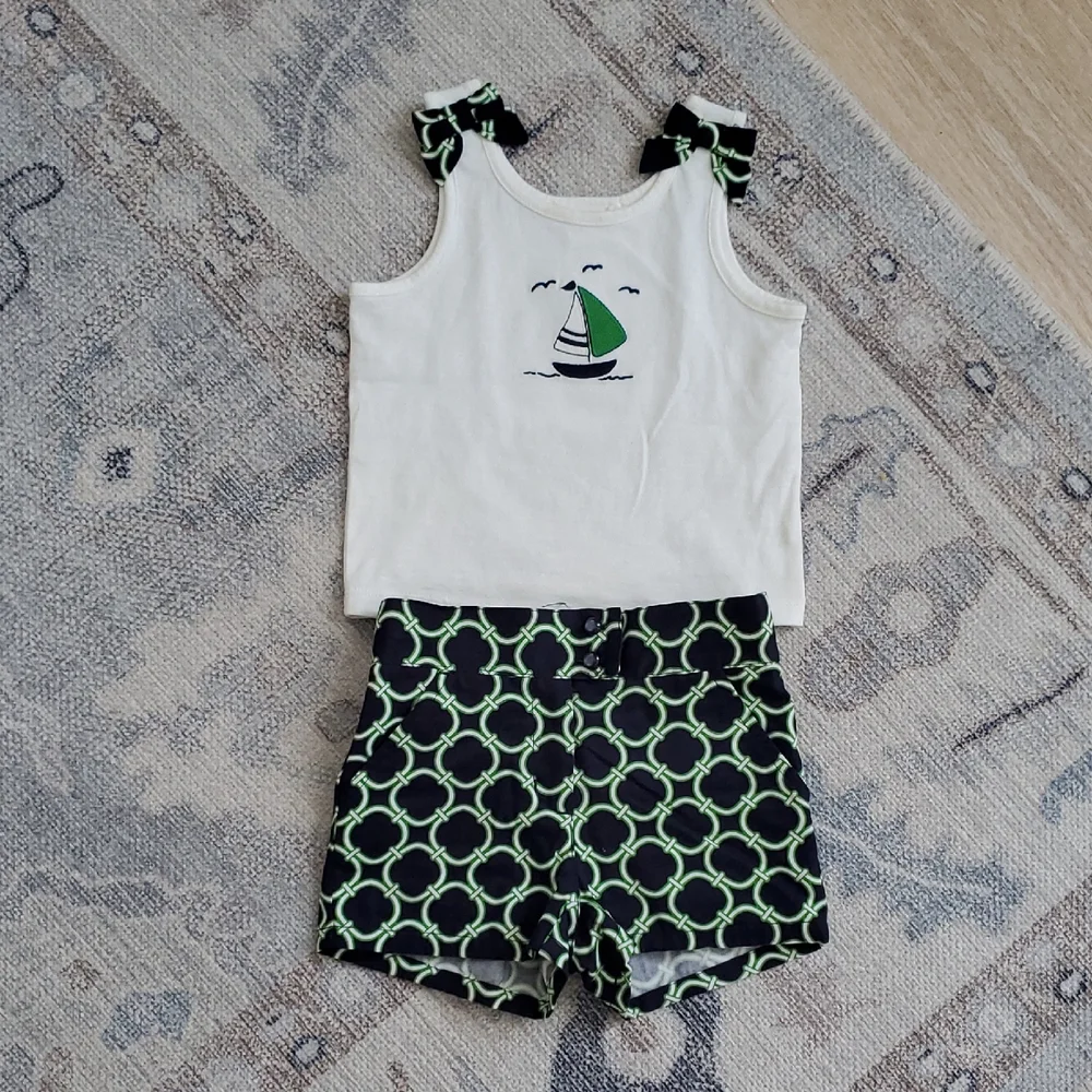 Janie and Jack Baby Girls 2 Piece Sailboat Green Blue Bow Outfit Sz12-18m